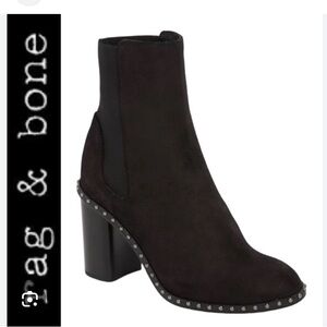 RAG & BONE Romi Black Suede Chelsea Silver Stud Block Heel Pull On Bootie